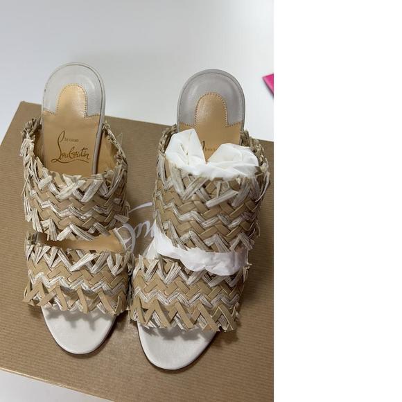 Meroine 85mm raffia Tan Woven fringe heels mules D983 - Picture 8 of 11
